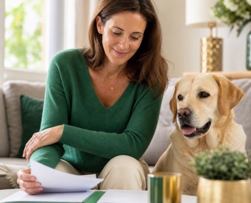 Propriétaire sereine avec son chien après avoir comparé une assurance chien