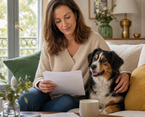 Propriétaire sereine comparant une mutuelle chien avec son compagnon