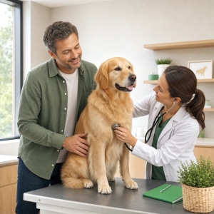 Vétérinaire examinant un chien calme avec son propriétaire rassuré