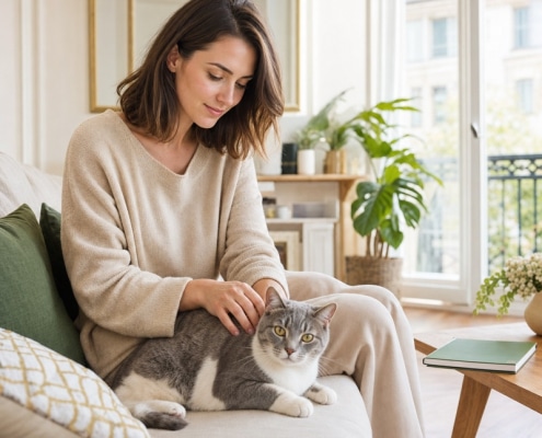 Propriétaire sereine avec son chat grâce à une assurance chat adaptée