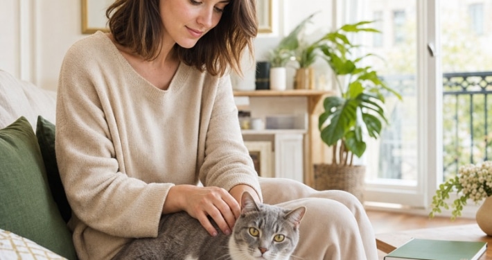 Propriétaire sereine avec son chat grâce à une assurance chat adaptée