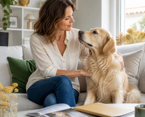 Meilleure assurance chien : propriétaire sereine avec son golden retriever