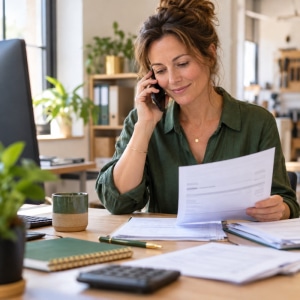 Une responsable administrative vérifie le RIB d’un fournisseur avant un virement