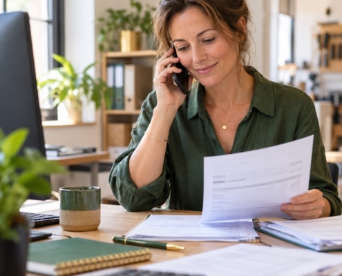 Une responsable administrative vérifie le RIB d’un fournisseur avant un virement