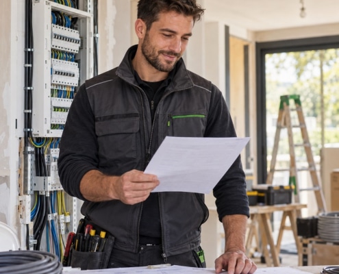 Électricien vérifiant les activités déclarées de sa garantie décennale électricité