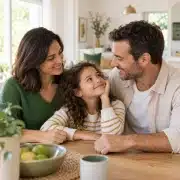 Une mère, un père et leur fille réunis à la maison pour illustrer la protection de la famille