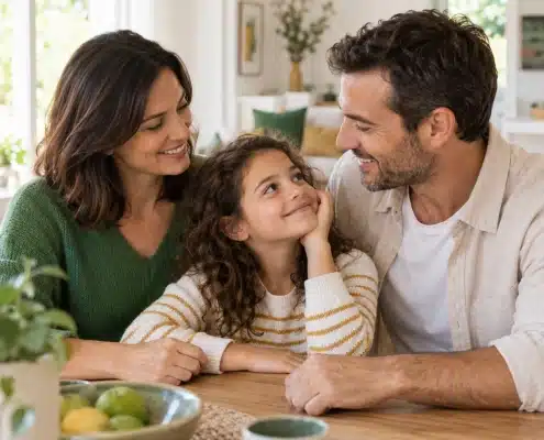 Une mère, un père et leur fille réunis à la maison pour illustrer la protection de la famille