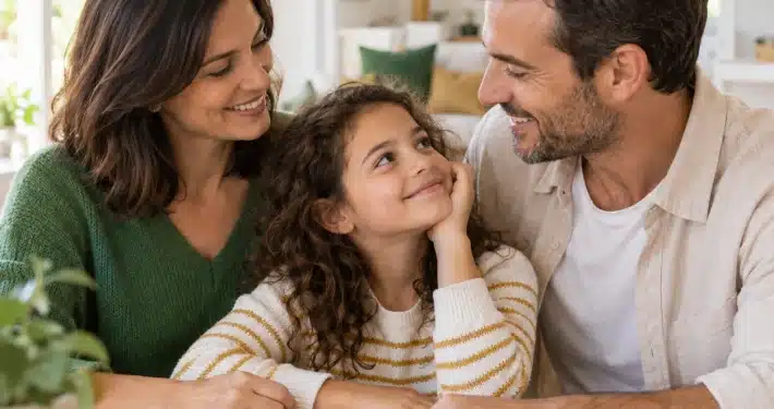 Une mère, un père et leur fille réunis à la maison pour illustrer la protection de la famille