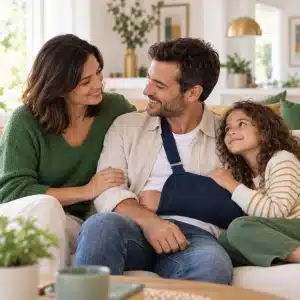 Garantie accidents de la vie : la même famille, le père portant une écharpe après un accident